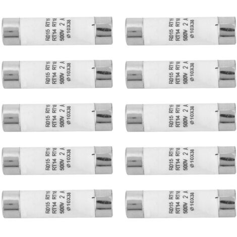 10 zylindrische Sicherungen 10x38mm 500V AC 2A mit hohem Abschaltvermögen und Kontrollleuchte