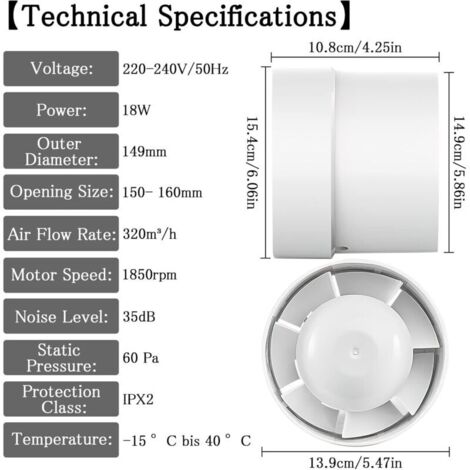 100/150 mm Abluftventilator, 12 W/130 m³–320 m³, axialer Kanallüfter: Badezimmer, Küche, Keller, leiser Kanallüfter für Haus und Dachboden (Ø15