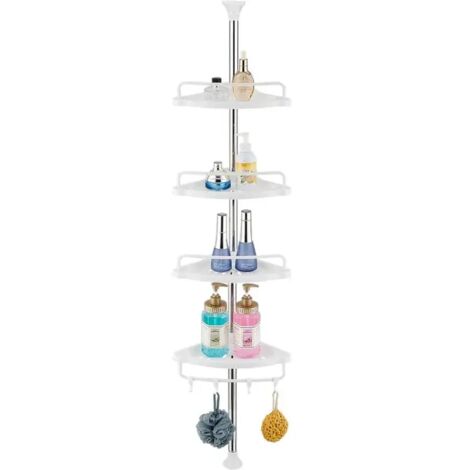 100-320cm Étagère d’Angle de Douche Téléscopique Sans Percage avec 4 Paniers et 2 Porte-Serviettes pour Baignoire et Salle de Bain Blanc