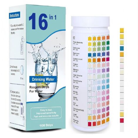 100 bandelettes – Test eau potable – 16 paramètres – Dureté – Chlore – Cuivre – Fer – Plomb – pH