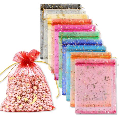 100 bolsitas de organza, bolsitas de regalo de organza de 7 x 9 cm, bolsitas de organza con estampado de luna y estrella en varios colores.