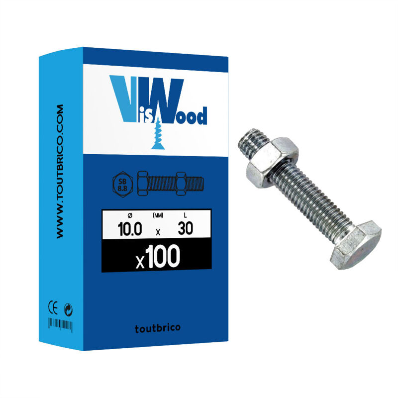 100 boulons 10 x 30mm sb 8.8 zingué Viswood