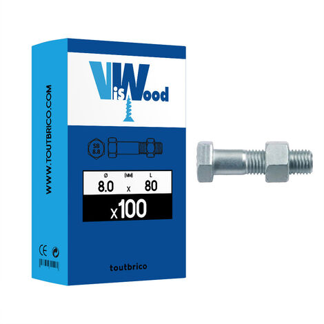 100 boulons 8x80mm tête hexa  -  zingué Viswood