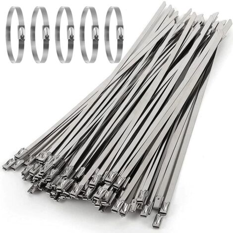 100 bridas de acero inoxidable, 500 × 7,9 mm, bridas de acero inoxidable, abrazaderas de acero para cables, bridas metálicas para bobinado de escape, cables agrupados, mantenimiento de cercas