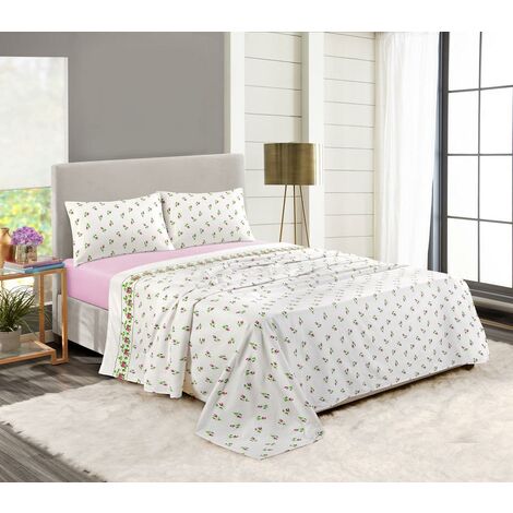 100% Brushed Cotton Flannelette Sheet Set - Fitted Sheet, Flat Sheet, Pillow Cases Pink Double
