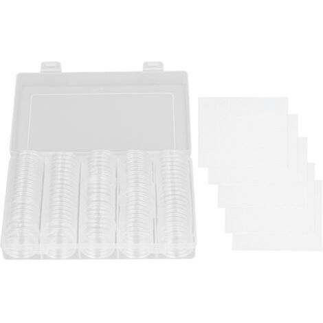 100 capsules de protection pour pièces de monnaie de 17 à 30 mm de diamètre, disponibles en 5 tailles, avec une boîte transparente contenant un joint en mousse.