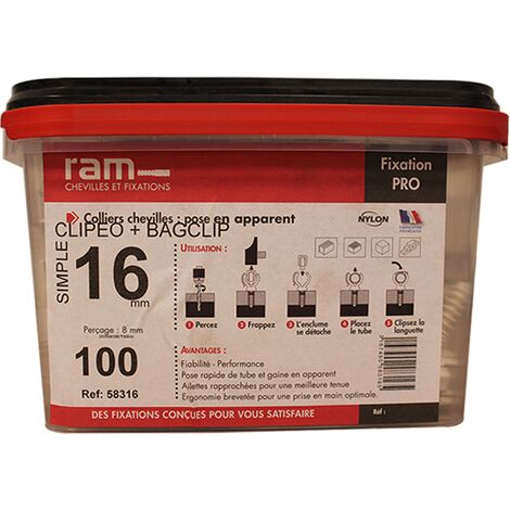 100 CLIPEO simple BLANC Ø16 + 100 BAGCLIP - RAM