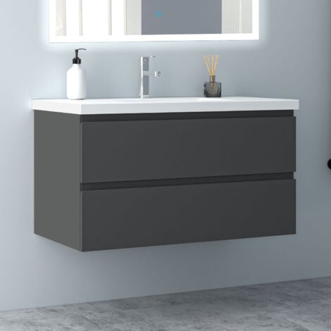 100 cm Badmöbel Set Unterschrank 2 Schubladen soft close Badezimmermöbel Selbstmontierter mit Weiß Mineralguss waschtisch Unterschrank mit Anthrazit Matt