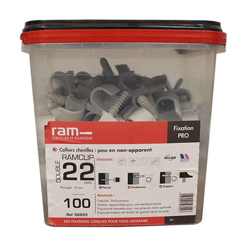 RAM - 100 colliers chevilles clip double gris pour tube nu Ø22 et prégainé + prégainé duo Ø12