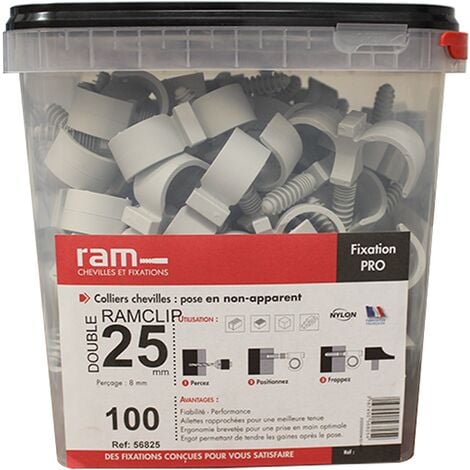 100 colliers chevilles RAMCLIP double gris pour tube nu Ø25 - RAM