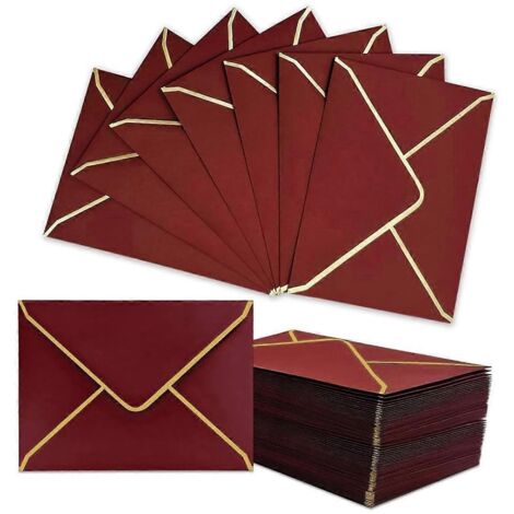 100 enveloppes d'invitation A7 bordeaux à bordure dorée, 12,7 x 17,8 cm (5 x 7 pouces), rouge vin