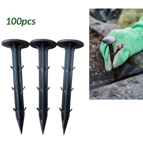 100 estacas de jardín para asegurar materiales de control de malezas. Estaca de plástico negra para mallas de mantillo.