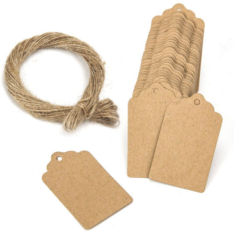 100 étiquettes cadeaux en papier kraft brun en forme d'éventail, 5 x 3 cm, motif brun vierge [comprend 10 mètres de corde en chanvre]
