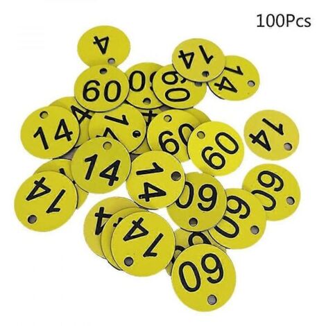 100 étiquettes d'identification en plastique numérotées de 1 à 100, gravées et colorées, pour porte-clés, couleur jaune (fdW AIR).