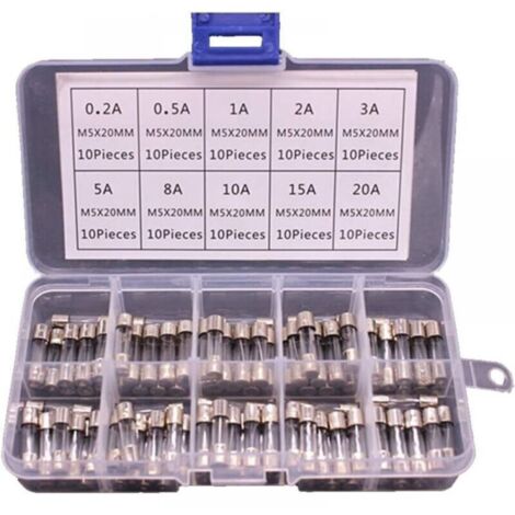 100 fusibles en verre 5x20mm en boite Fusible 0.2A- 20A fusible 0,2A-20A, 100 pièces dans une boîte