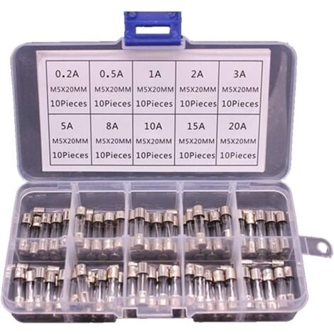 100 fusibles verre 5x20mm en boite Fusible 0.2A  20A