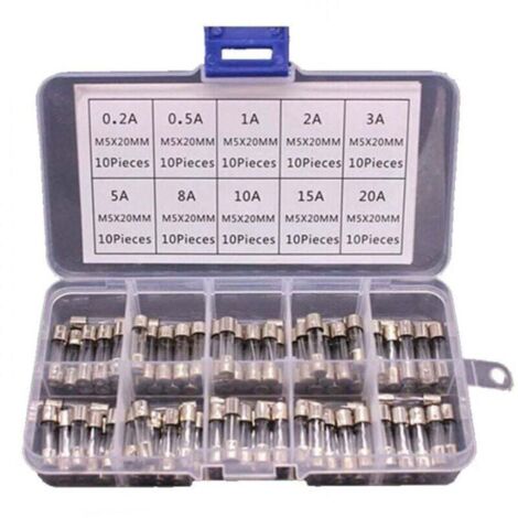 100 Glassicherungen 5x20 mm in einer Schachtel, Sicherungen von 0,2 A bis 20 A, DIY-Sicherungssets, flinke Glasrohrsicherungen für den Hausgebrauch, schnellwirkende Sicherungen