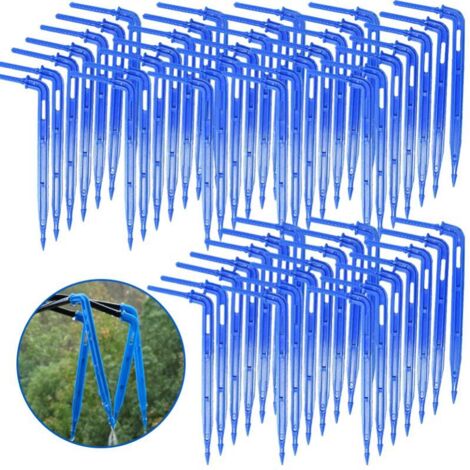 100 goteros de flecha acodados azules, emisores de goteo de tubería flexible de 3/5" para macetas de jardín, riego y herramientas de riego para invernaderos.