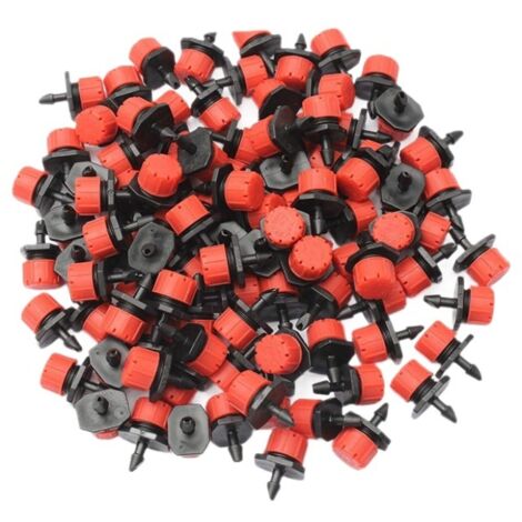 100 goteros de riego ajustables, goteros de microplástico para riego, cabezales de aspersión para macizos de flores, jardines, césped, rojo.