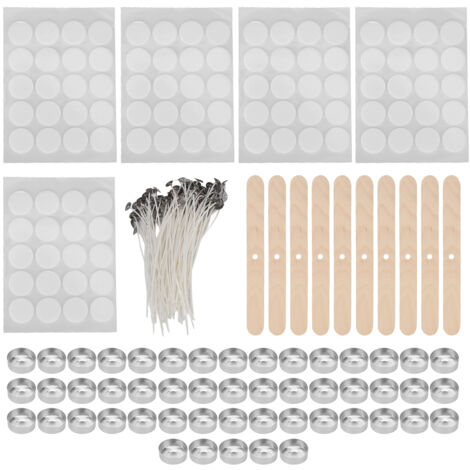 100 hölzerne Kerzendochthalter, 100 15 cm lange Kerzendochte, 50 Kerzenhalter, 100 doppelseitige Dochtaufkleber (14 g Aluminiumgehäuse, weißer Hintergrund)