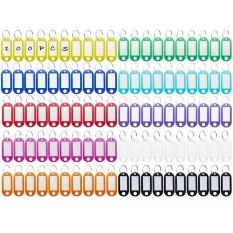 100 individuell gestaltbare Schlüsselanhänger aus Kunststoff in 10 Farben, Kennzeichnungsanhänger mit Ring für Schlüssel, Koffer oder Büro.