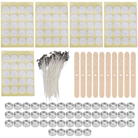 100 Kerzendochte (15 cm), 100 doppelseitige Aufkleber, 50 Aluminiumfolienhüllen, 10 Dochthalter aus Holz (14 g, gelber Hintergrund)