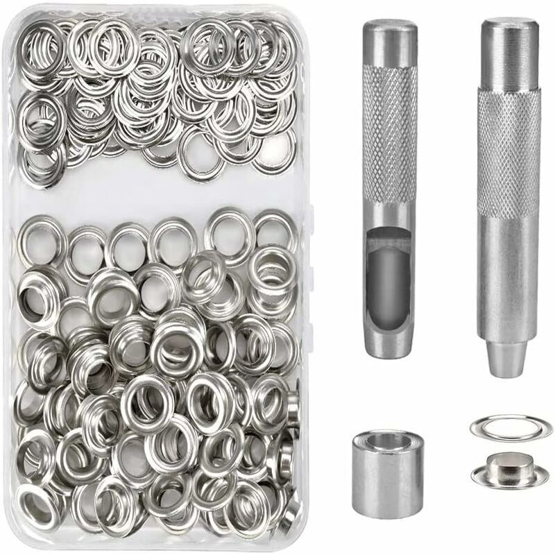 Gabrielle - 100 Kit de Grommets Eyelets Outils Metal Ensembles Oeillets 14mm Grommet Kit Oeillet pour Toile Bache Tente de Réparation Argent