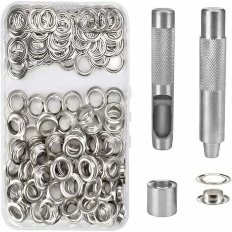100 Kit de Grommets Eyelets Outils Metal Ensembles Oeillets 14mm Grommet Kit Oeillet pour Toile Bache Tente de Réparation Argent