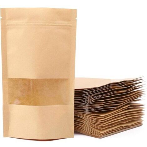 100 Kraftpapiertüten mit Sichtfenster, Standbodenbeutel mit Reißverschluss, verwendet für
