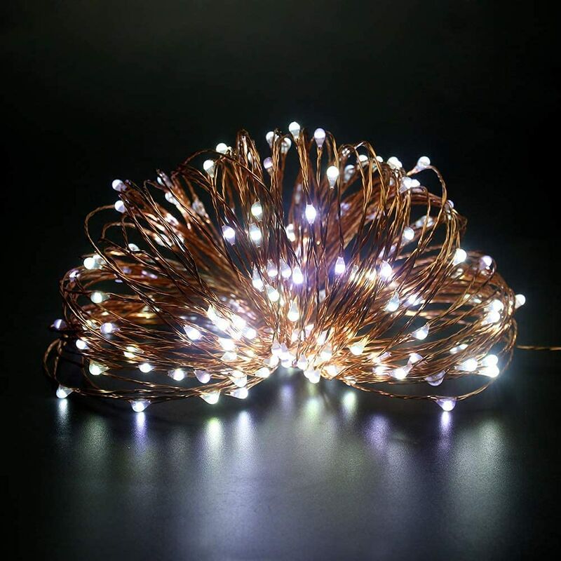 Shatchi - 100 LEDs Gold Wire With Cool White LEDs Copper Wire Indoor Battery Operated StringLights - White