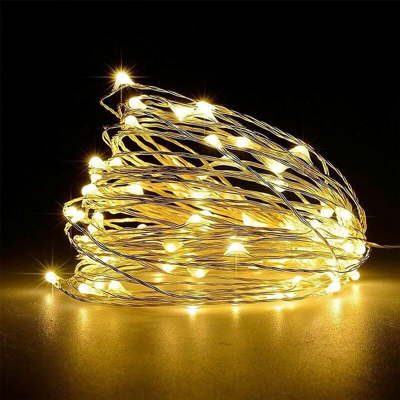 Shatchi - 100 LEDs Silver Wire With Warm White LEDs Copper Wire Indoor Battery Operated StringLights - Yellow