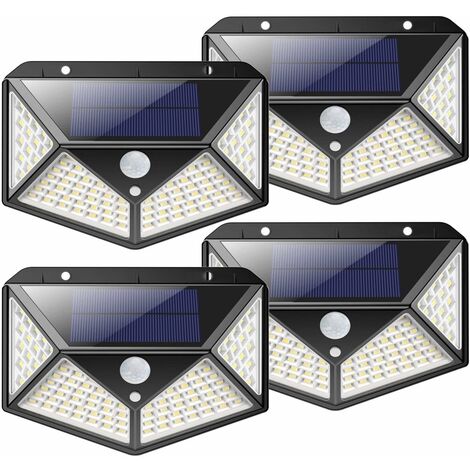 100 luces solares LED para exteriores, paquete de 4 2200 mAh, sensor de movimiento, luz solar para exteriores, potente luz solar inalámbrica, luz solar con 3 modos de iluminación para jardín, patio