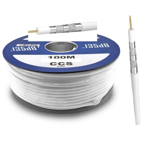 100 m Câble Coaxial TV,  5 fois blindé pour installation SAT, DVB-S, DVB-C, DVB-T, HD, D3, 4K  135db blanc