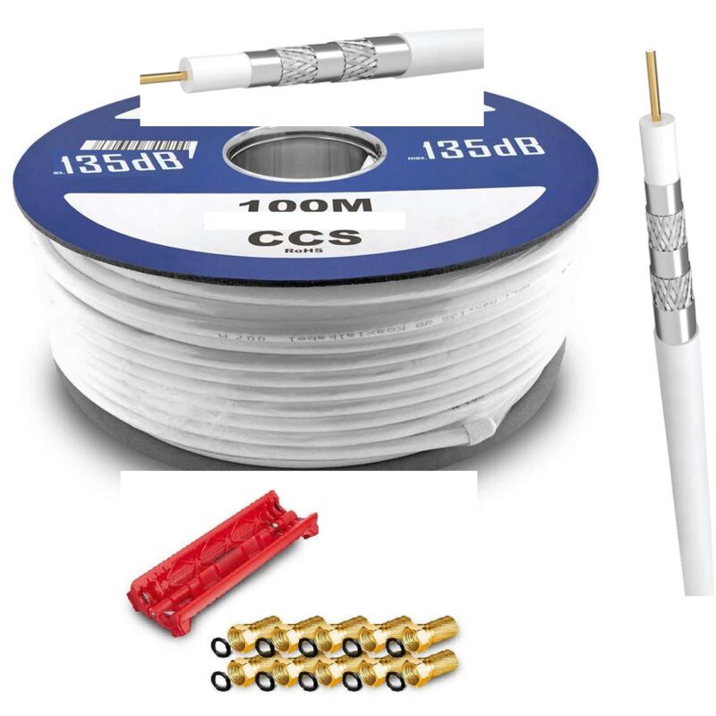 100 m Câble Coaxial tv - sat blanc, 5 fois blindé + couteau dégainage + 10 fiches f dorées (135db )