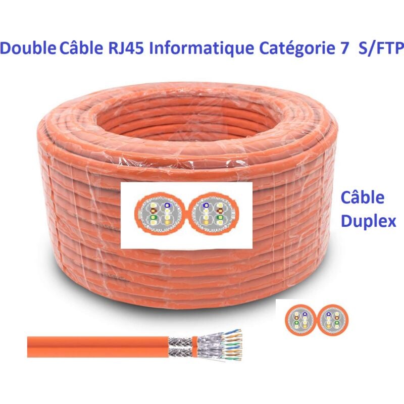 100 m Double Câble d'installation rj 45 informatique catégorie 7 s/ftp - 2 x 4 paires