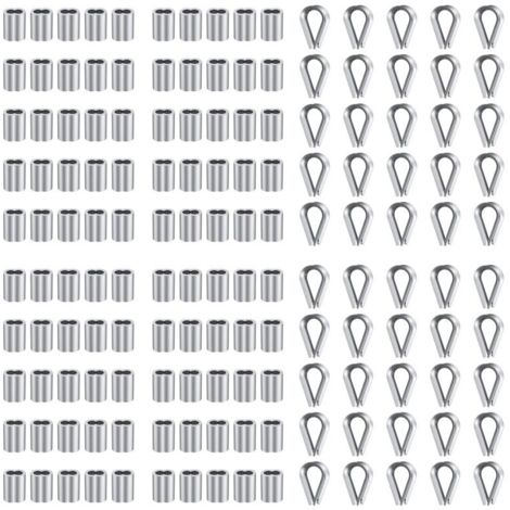 100 manchons en aluminium de 1/8 pouce et 50 cosses en acier inoxydable M3 pour outil de sertissage de câbles métalliques