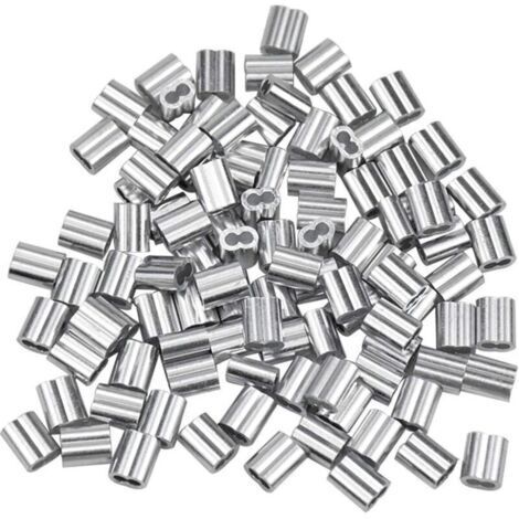 100 manchons en aluminium, embouts de câble en aluminium, pinces à sertir en aluminium à double extrémité pour fils d'acier et câbles d'aviation, argent (1,5 mm/0,06 po)