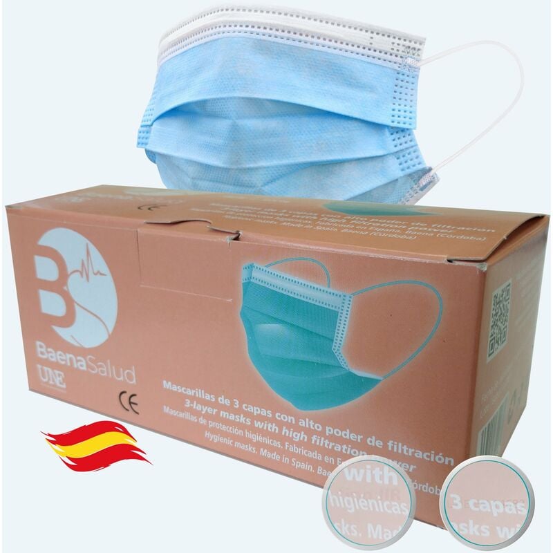 

100 Mascarillas HIGIÉNICAS desechables, en color azul, filtración (BFE) 95%, hechas en España