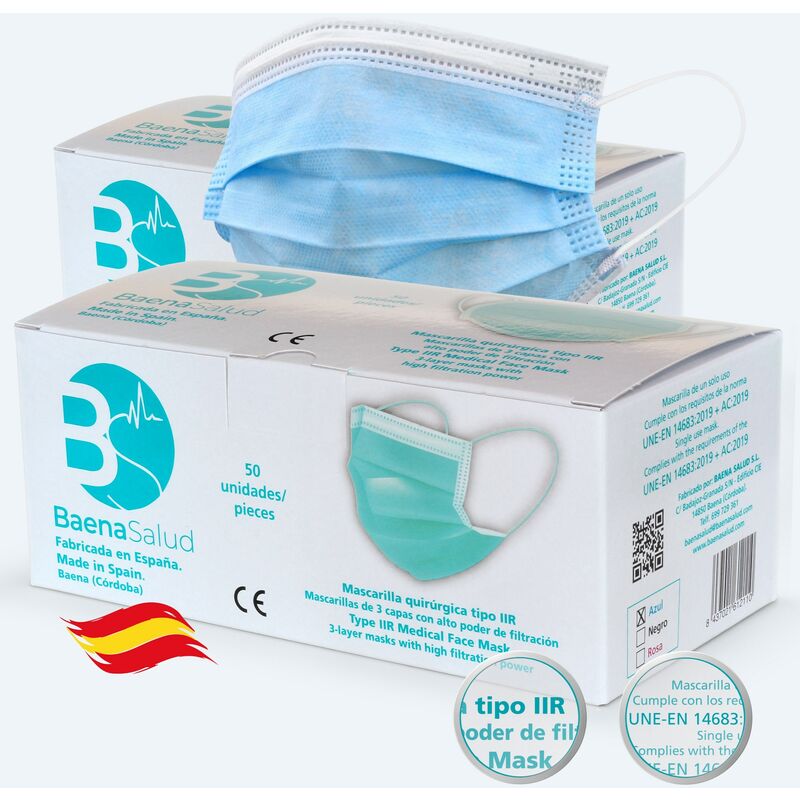 

100 Mascarillas higiénicas mascarillas Quirúrgicas desechables, Tipo IIR, en color azul, filtración (BFE) 98%, hechas en España