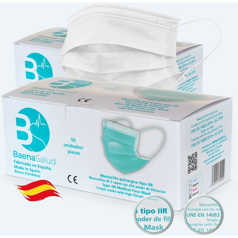 

100 Mascarillas higiénicas mascarillas Quirúrgicas deshechables, Tipo IIR, en color blanco, filtración (BFE) 98%, hechas en España
