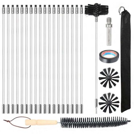 100-mm-Bürstenleiste, 27 Kaminbürsten (davon 20 flexible 410-mm-Leisten), 2 Bürstenköpfe, 1 Bohrfutter + Kaminzubehör und Bürste mit Holzgriff