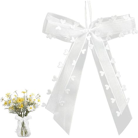 100 nœuds de voiture pour mariage avec coeurs - fait main - tulle et ruban de satin - facile à nouer sur la voiture