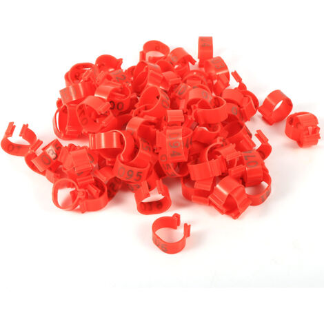 100 nummerierte Kunststoff-Ringclips 001-100 für Geflügel, Hühner und Enten (16 mm, rot)