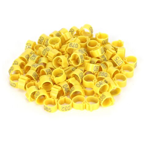 100 nummerierte Tauben-Kennzeichnungsringe 001–100, 10 mm, gelb – Geflügelzubehör
