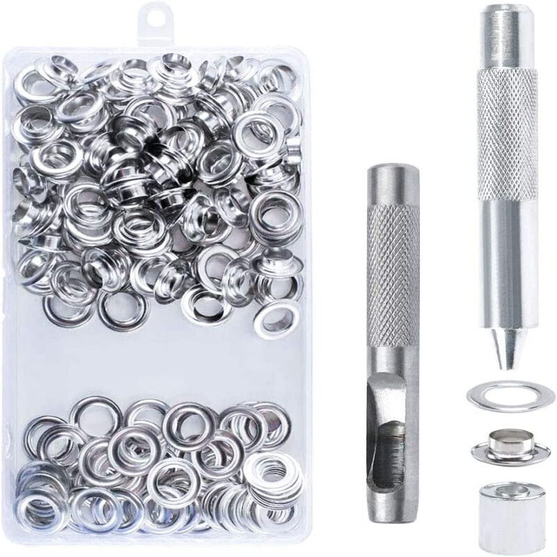 Cyslmuk - 100 Oeillets Kit Oeillets Outils Métalliques Oeillet Kit 10mm Oeillet Oeillet Kit pour Toile Bâche Tente Réparation Argent