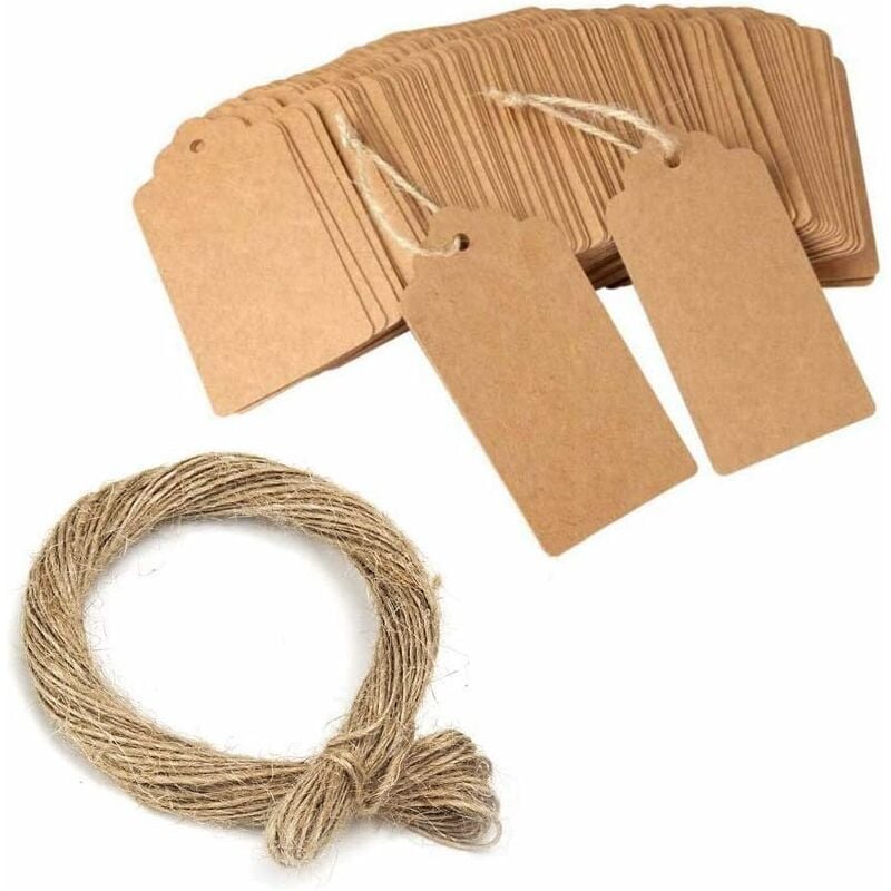 100 Pack Kraftpapier-Anhänger – Anhänger zum Aufhängen mit 8 Metern natürlicher Juteschnur für Geschenke, Hochzeit, Valentinstag – 3 x 5 cm 13treize | 05460000982914