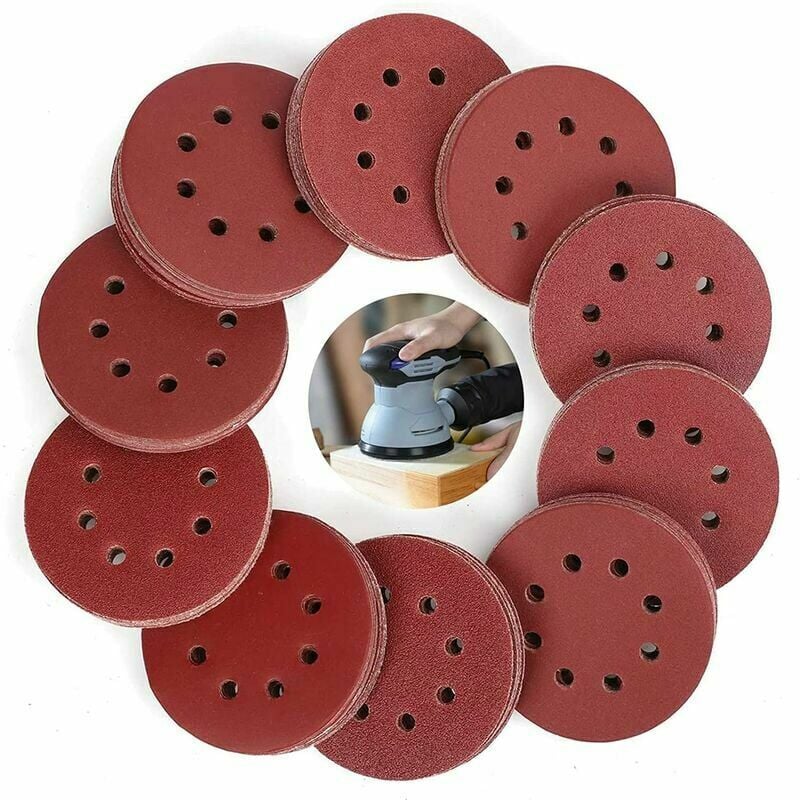100 Pack Schleifscheiben, Klettverschluss 40 60 80 100 120 150 180 240 320 400 Gemischte Körnung 125 mm/5 Zoll 8-Loch-Schleifpapierblatt für | 07007911028270