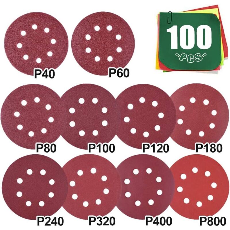100 Papel de Lija, Disco de Lija de 125 Mm Surtido 40 60 80 100 120 180 240 320 400 800 Grano, Discos de Lijado Lijadora Orbital de Papel Abrasivo