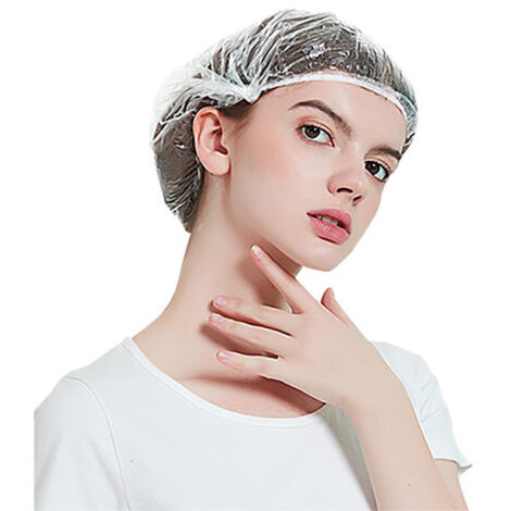 100 pcs Bonnet de Douche Jetable en Plastique, Bonnet de Protection des Cheveux pour Salon, Spa, Voyage, Hôtel, Transparent