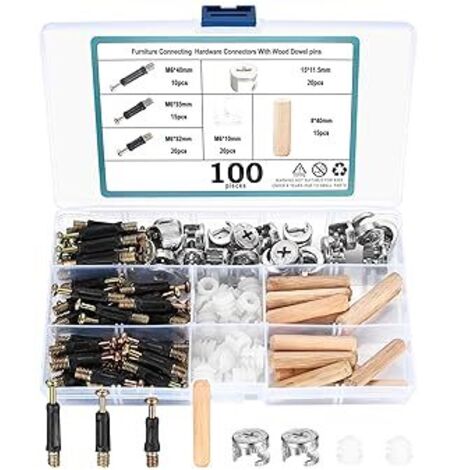 100 pcs Connecteurs de Meubles Excentriques, comprend vis d'insertion, écrous en plastique, fixation de came, chevilles en bois, Kit de vis de fixation pour Meubles, Armoire